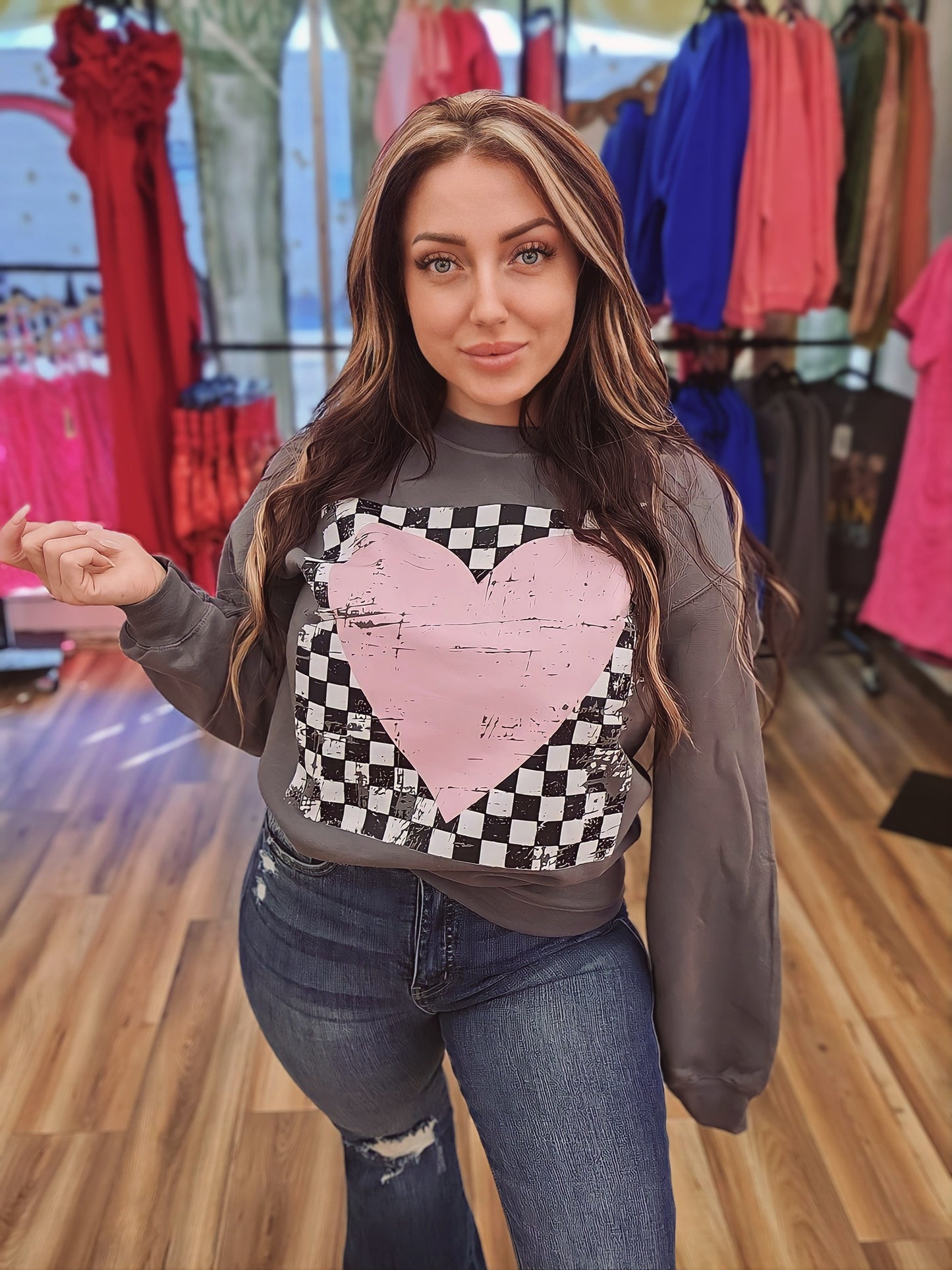 Distressed Checkered Heart Pullover