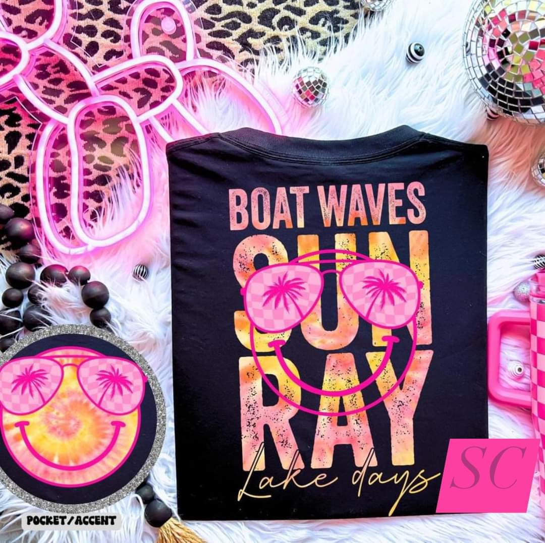 Boat waves, sun ray, lake days graphic tee