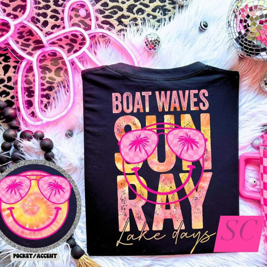 Boat waves, sun ray, lake days graphic tee