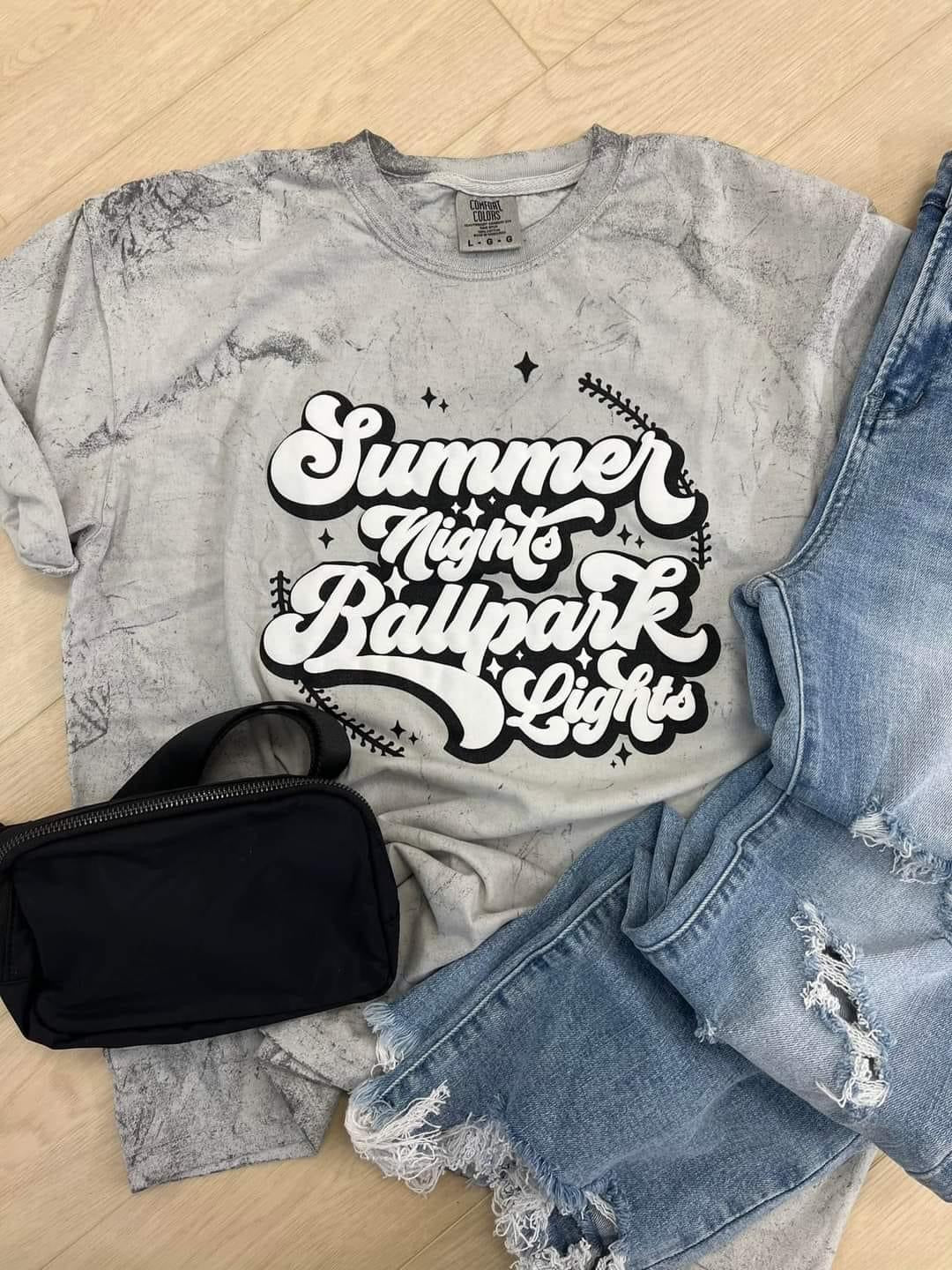 Summer Nights Ballpark Lights Puff Comfort Color Graphic Tee