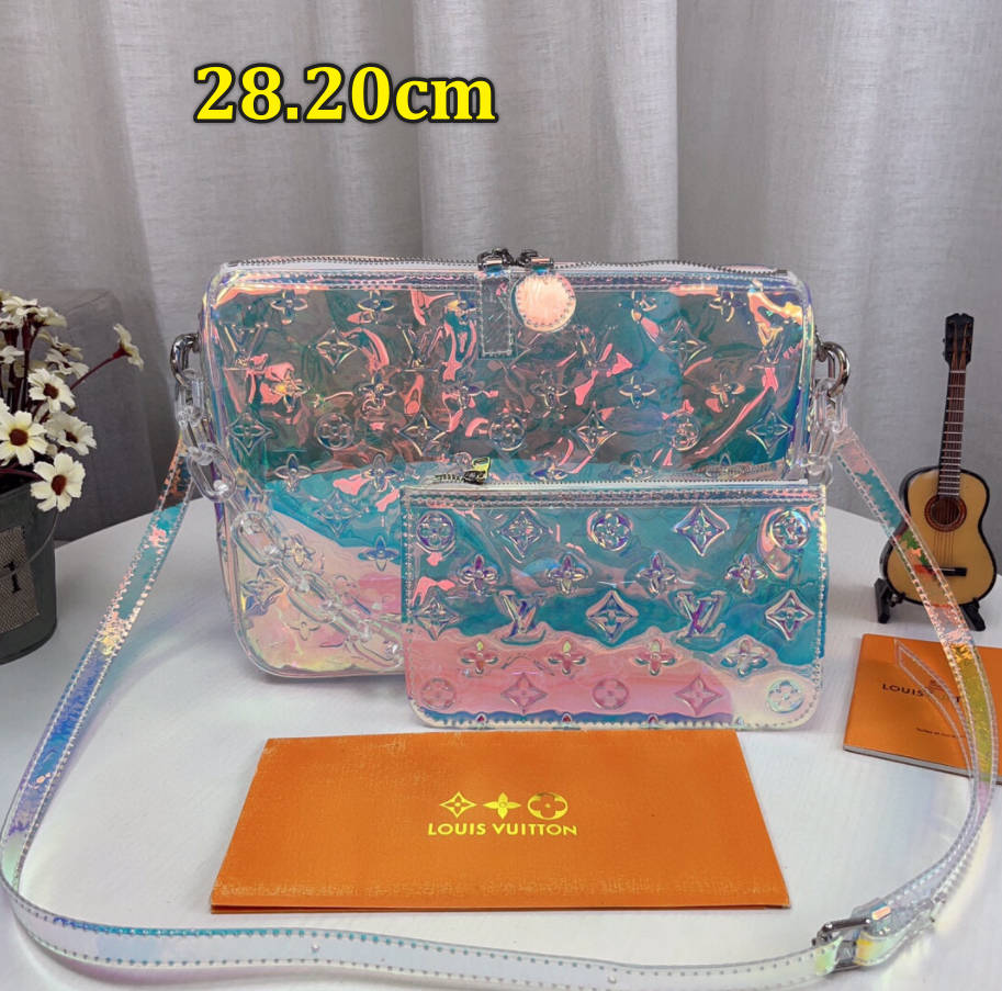 Holographic shoulder carry with zipper pouch