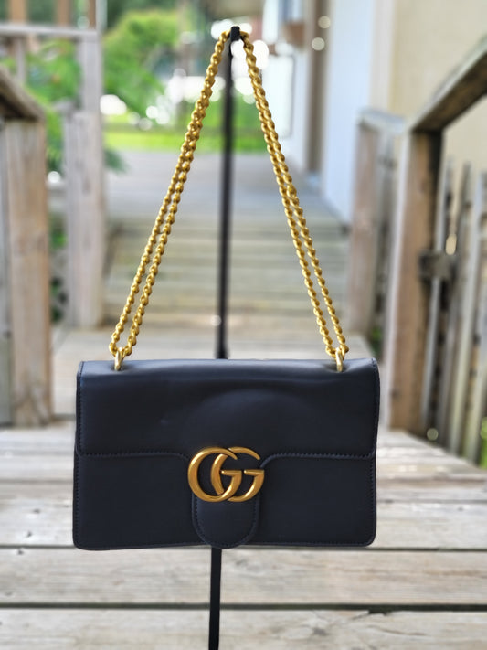 G Flat Leather Fold Over Crossbody Black